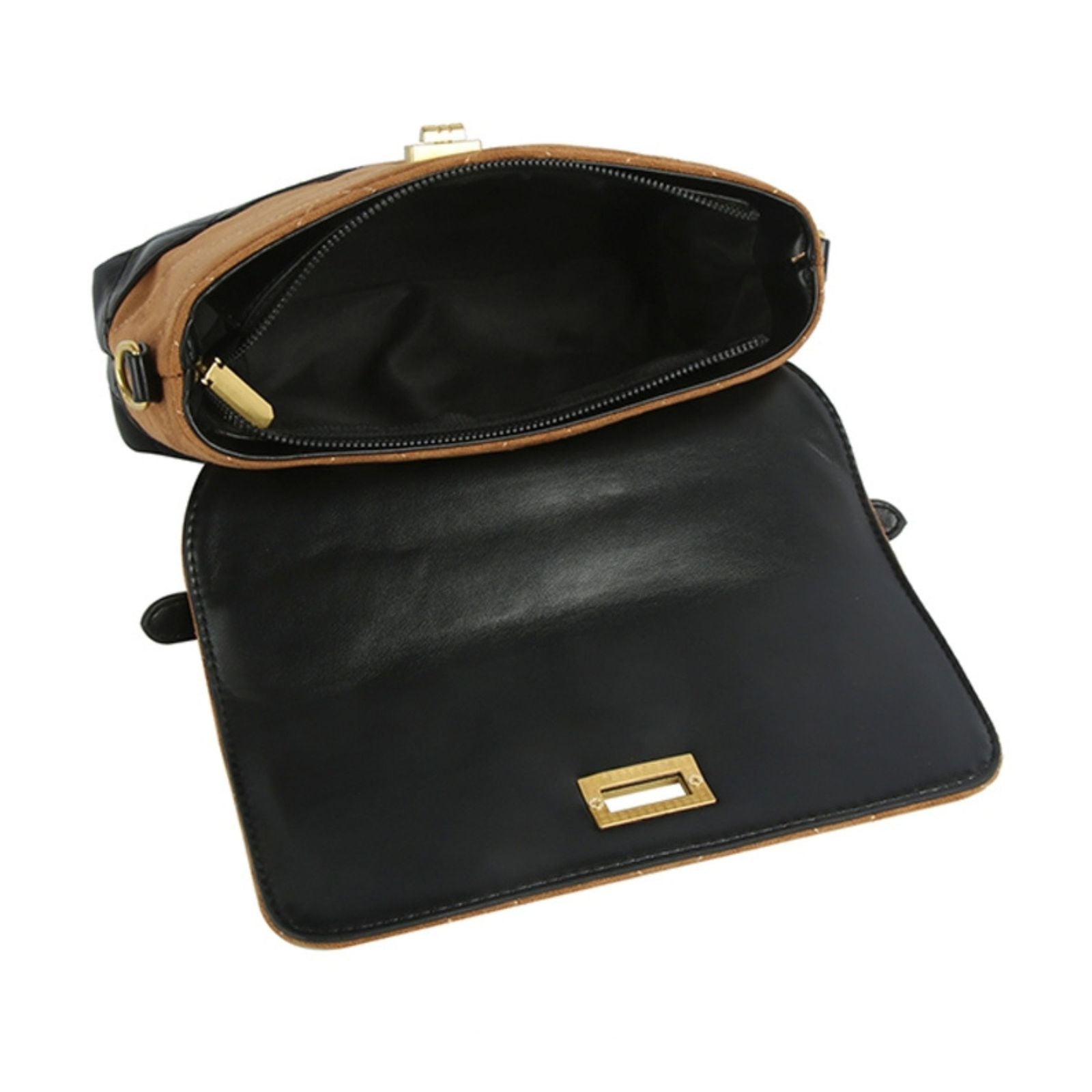 Fashion Handbag Top Handle Brown Suede with Black Flap Stylish Purse
