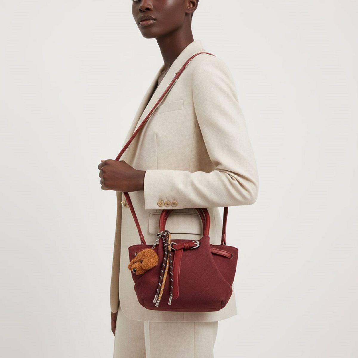 Fashion Handbag Burgundy Suede Top Handle Bag with Dog Charm Stylish Chic Purse