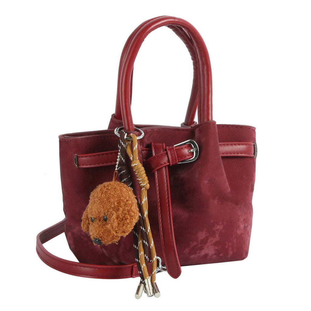 Fashion Handbag Burgundy Suede Top Handle Bag with Dog Charm Stylish Chic Purse