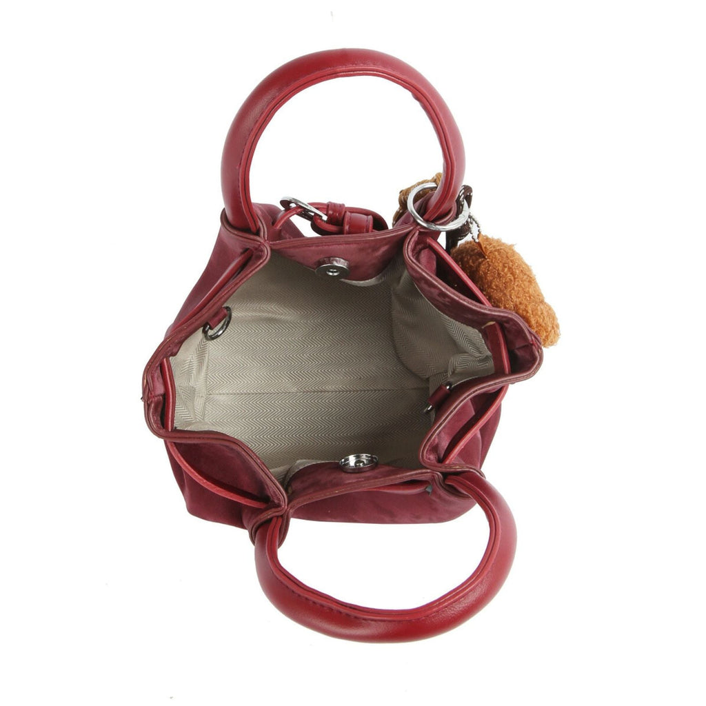Fashion Handbag Burgundy Suede Top Handle Bag with Dog Charm Stylish Chic Purse
