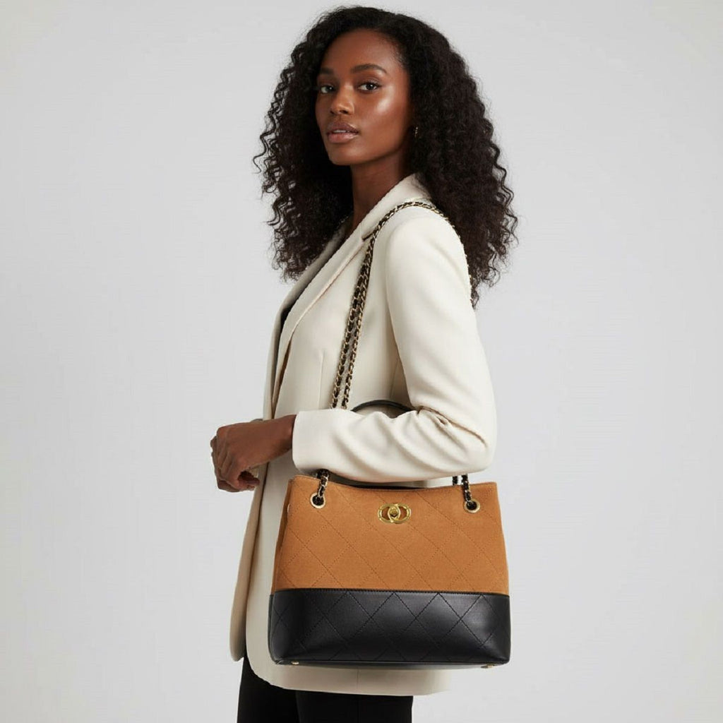 Fashion Handbag Two Tone Brown Suede and Black Shoulder Bag Stylish Purse