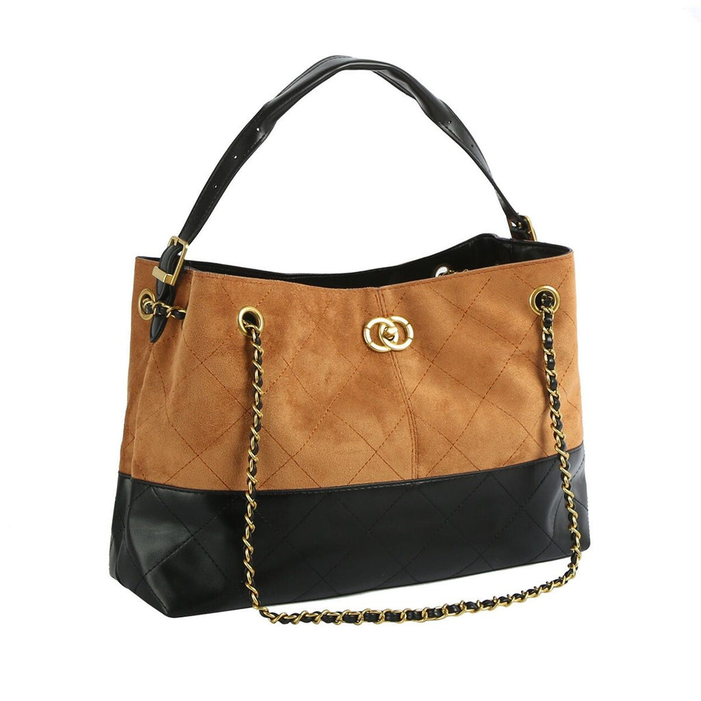 Fashion Handbag Two Tone Brown Suede and Black Shoulder Bag Stylish Purse