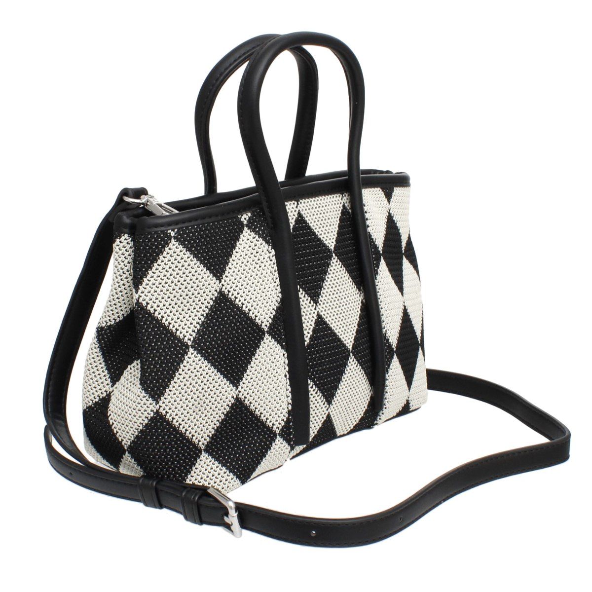 Fashion Handbag Black Square Top Handle with Harlequin Detail Stylish Chic Statement