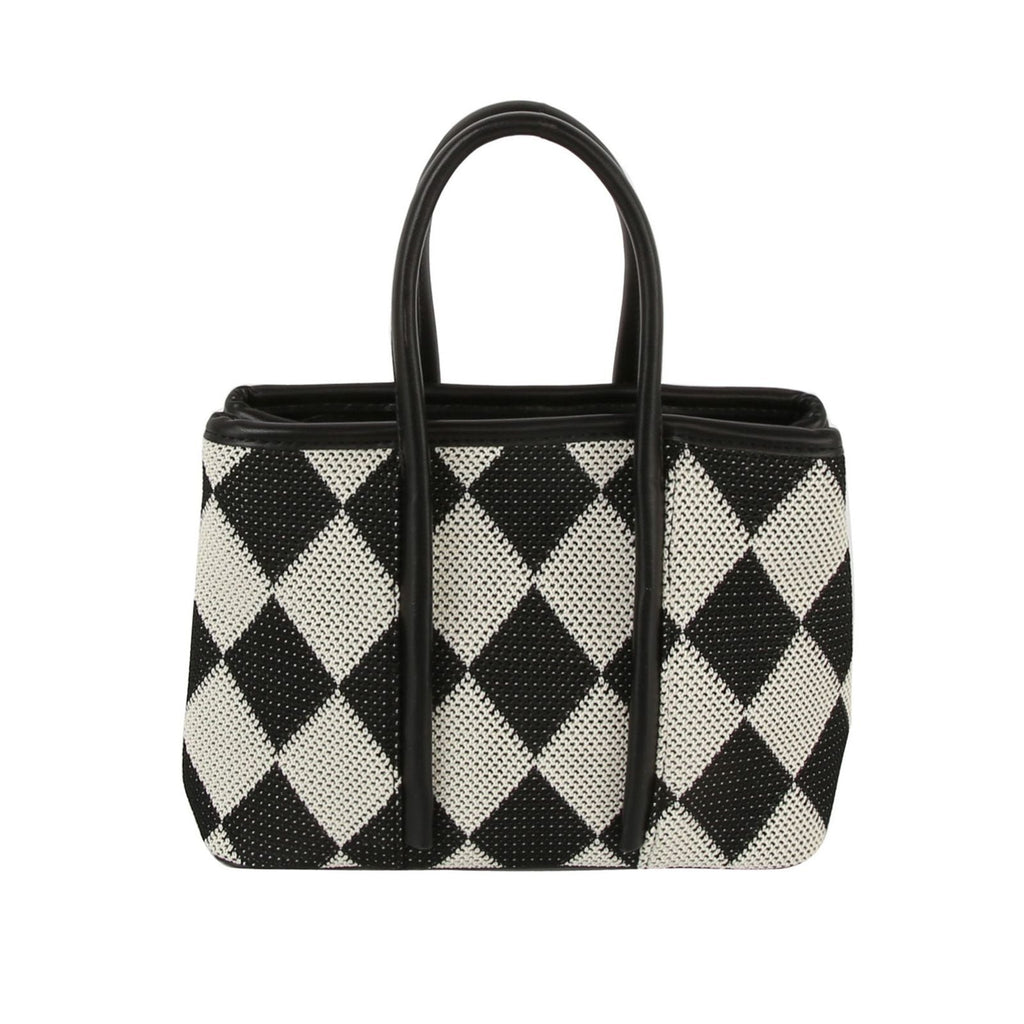 Fashion Handbag Black Square Top Handle with Harlequin Detail Stylish Chic Statement