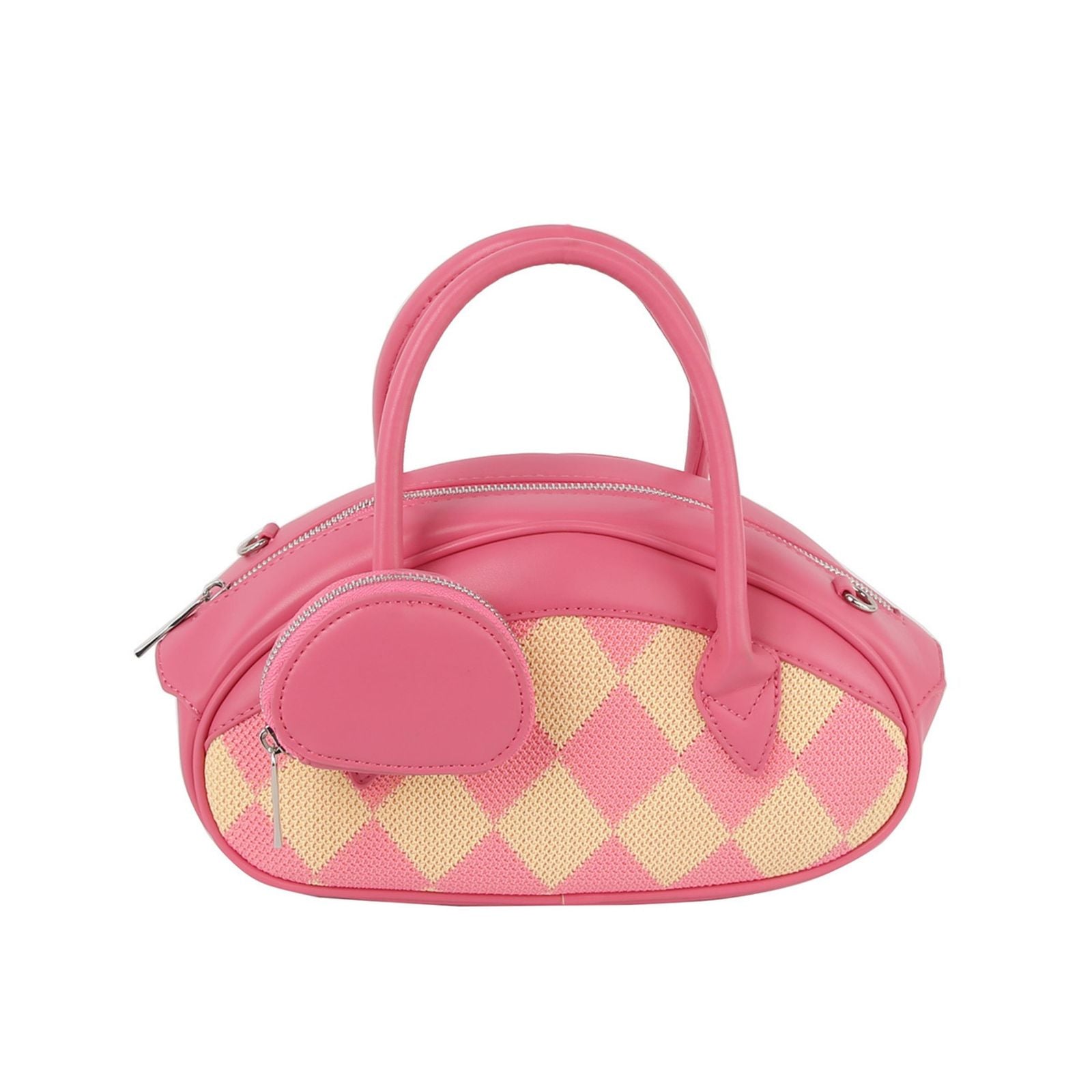 Fashion Handbag Top Handle Pink Oval Harlequin Detail Set Stylish Chic