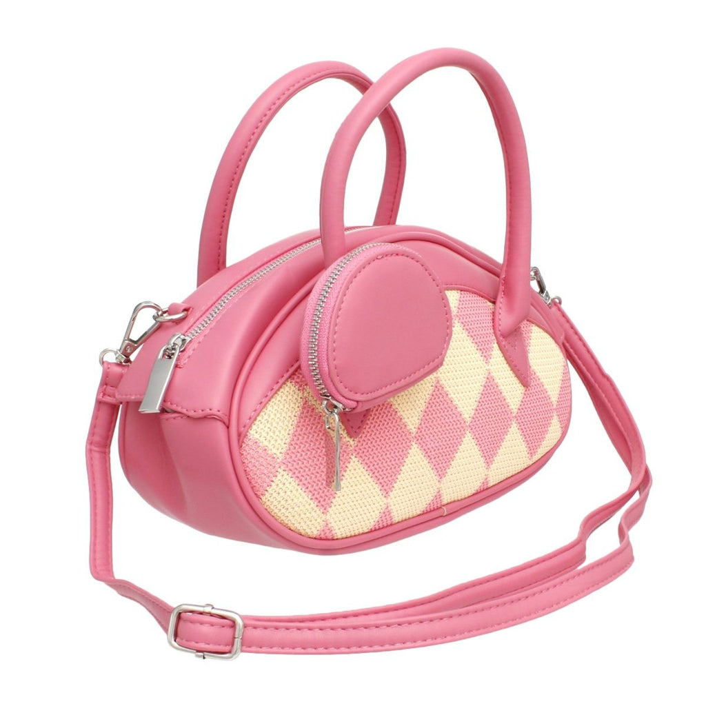 Fashion Handbag Top Handle Pink Oval Harlequin Detail Set Stylish Chic