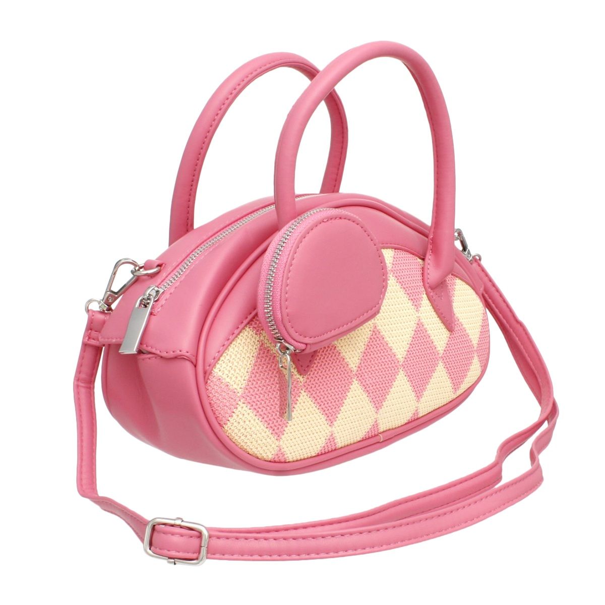 Fashion Handbag Top Handle Pink Oval Harlequin Detail Set Stylish Chic