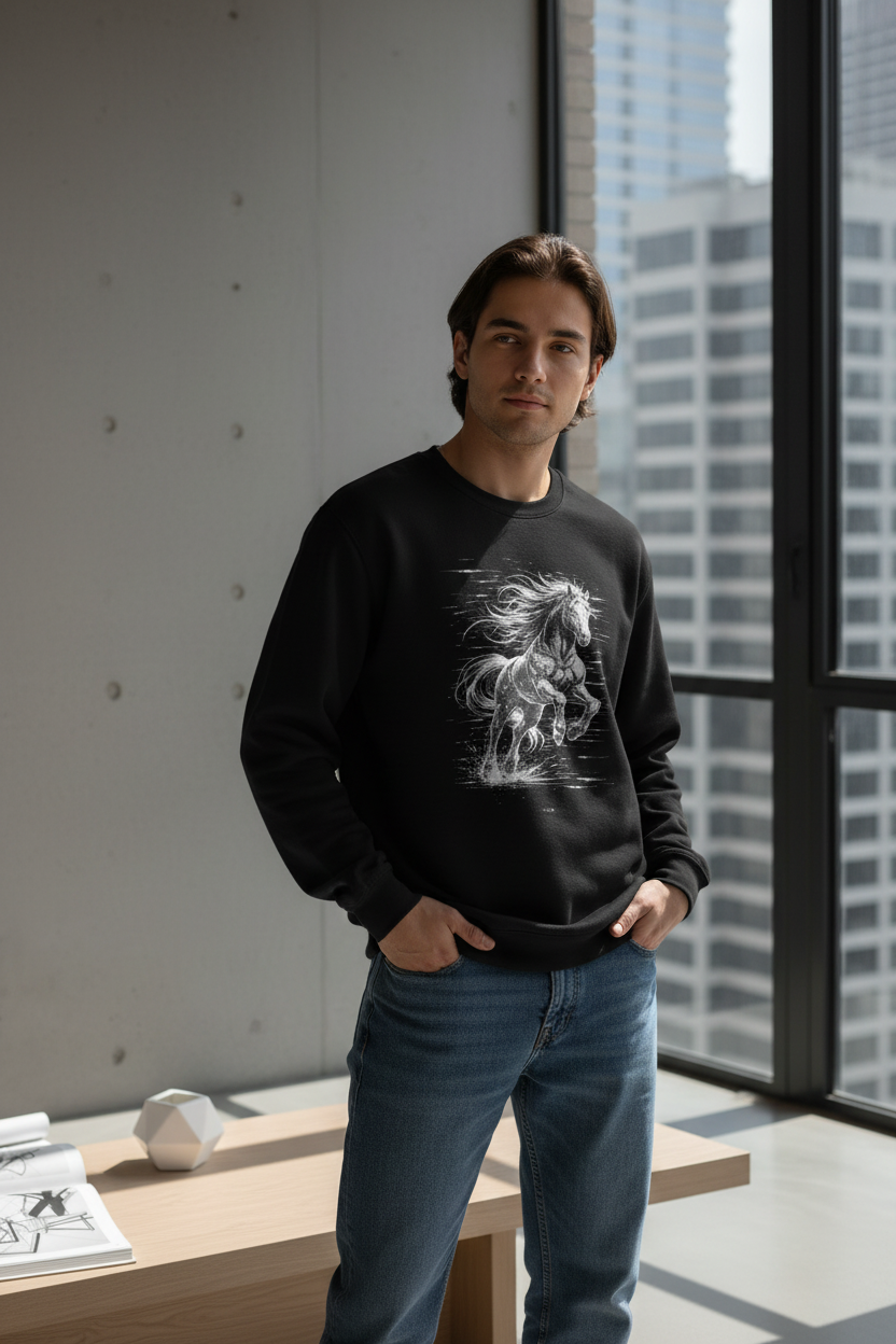 Glitched Gallop Sweatshirt – Limited Drop – Black White Cyberpunk Motion Unisex