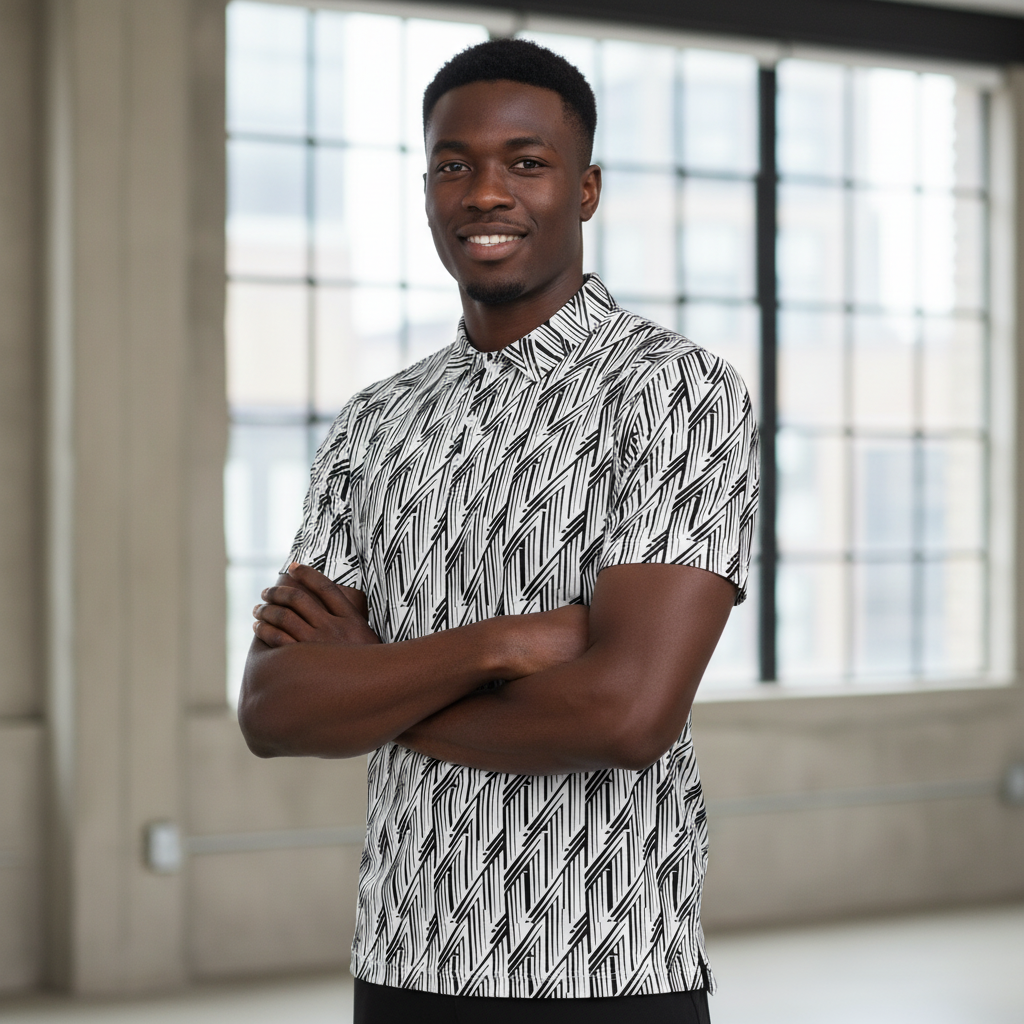 Black & White Glitch Stripe Polo – Limited Drop – Minimalist Geometric All-Over Print