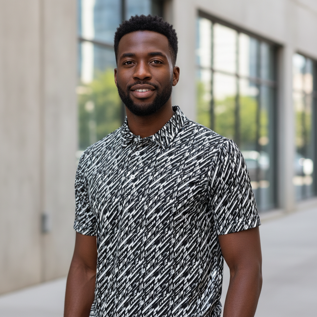 Glitch Stripe Polo – Limited Drop – Futuristic Black White All-Over Print Slim Fit