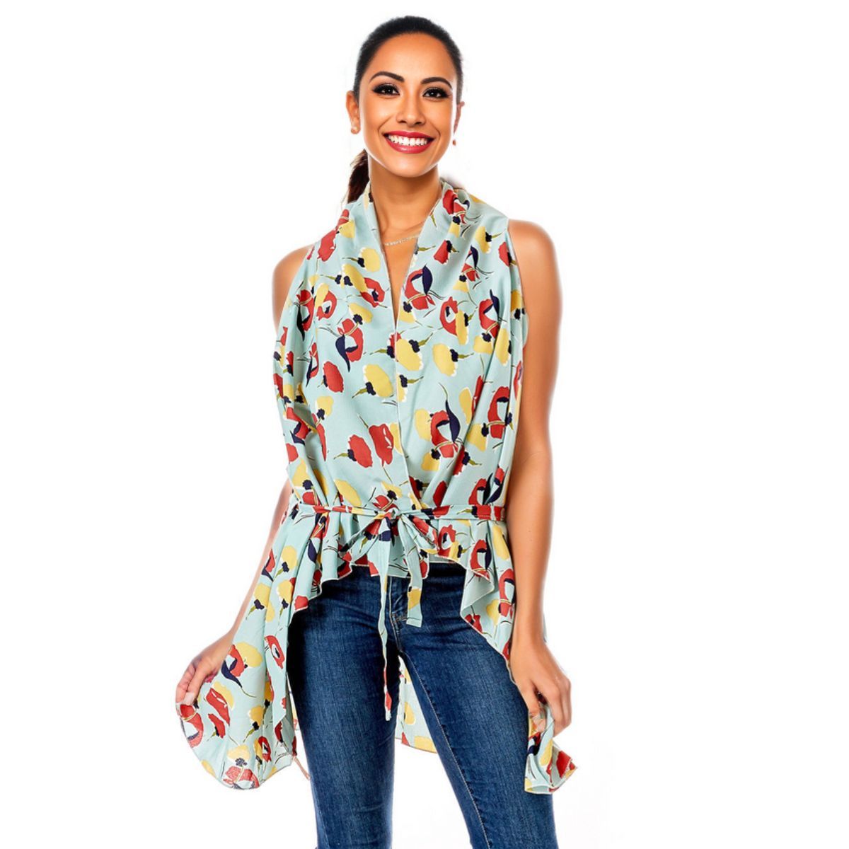 Women’s Vest Cover Up Mint Floral Stylish Layered Fashion