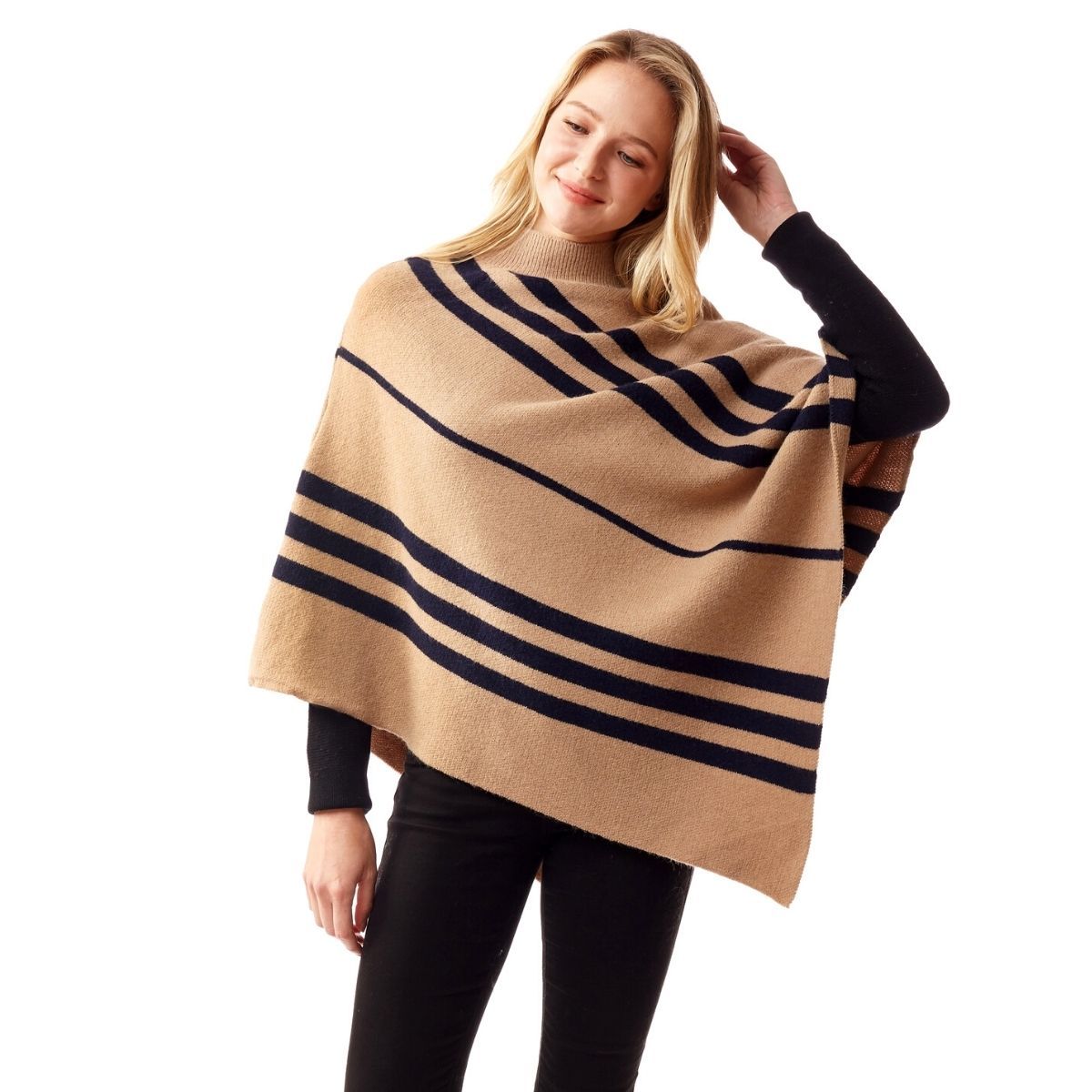 Women’s Turtleneck Poncho Beige Stripe Stylish Casual Layered