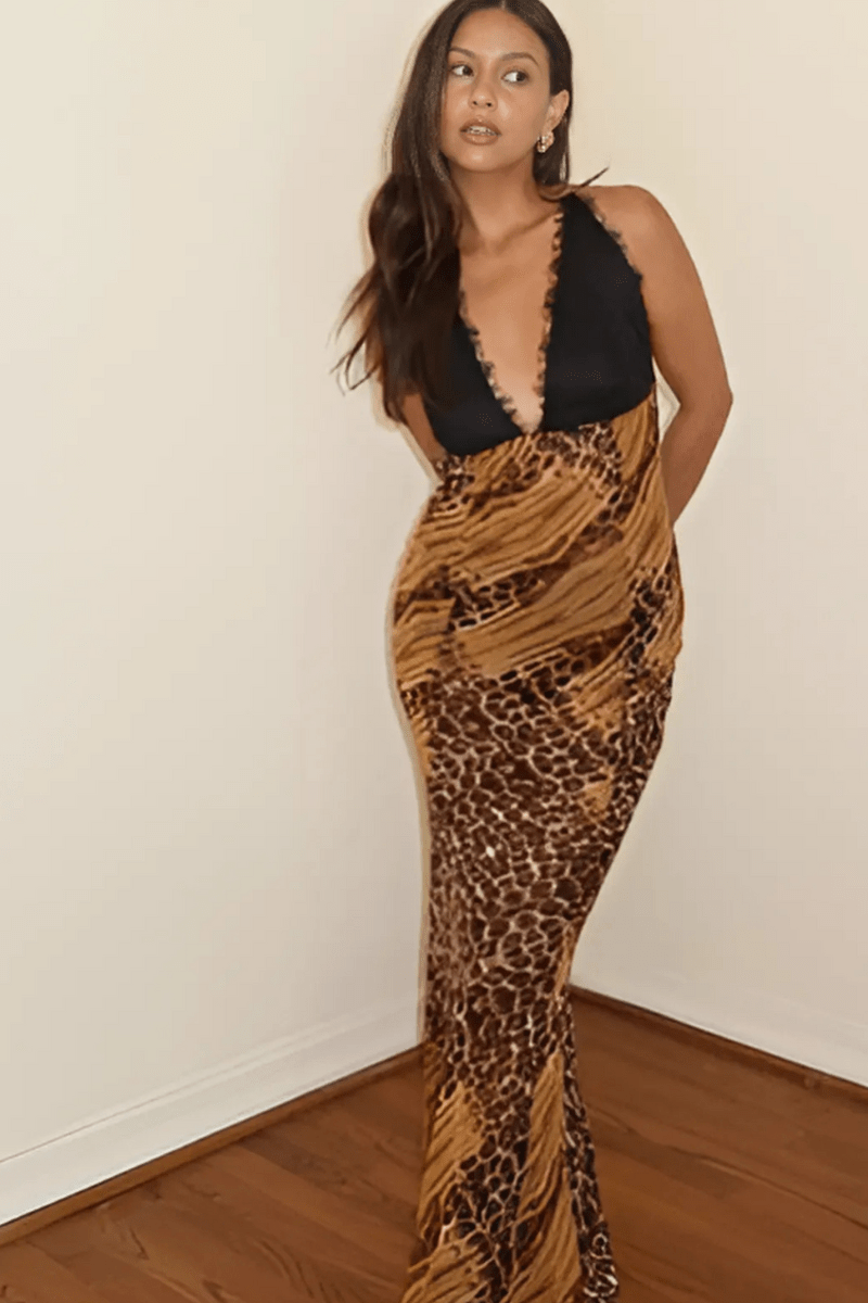 Maci Leopard Sheer Maxi Halter Dress | Chic Animal Print Resort Dress