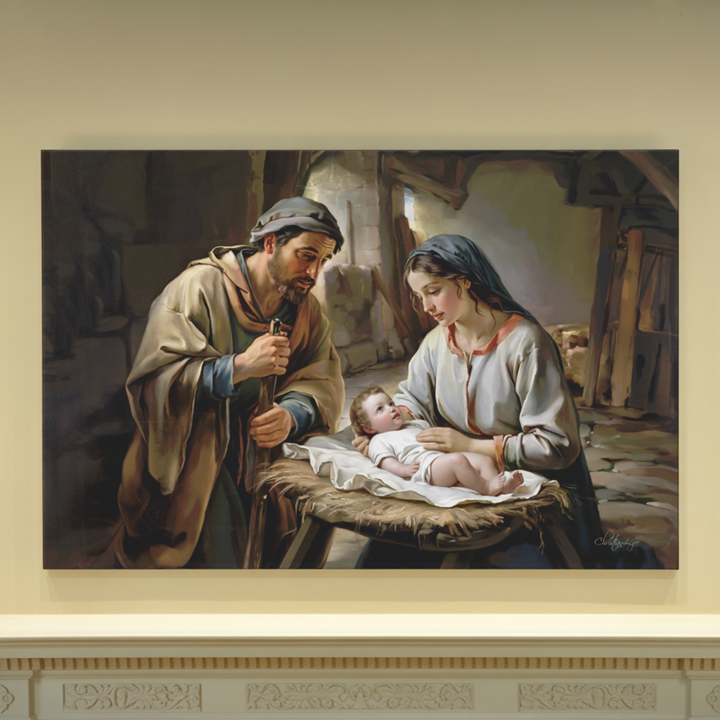 The Nativity scene of Baby Jesus, Mary and Joseph in a stable - Christian Art Canvas