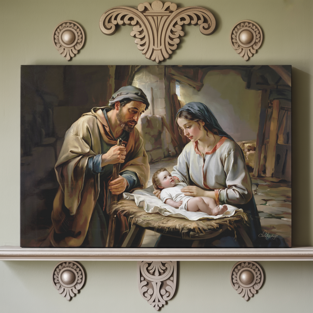 The Nativity scene of Baby Jesus, Mary and Joseph in a stable - Christian Art Canvas