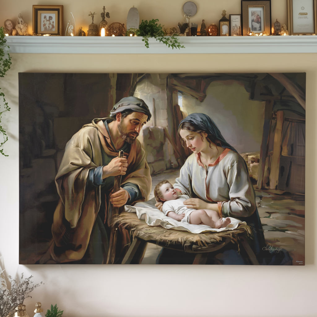 The Nativity scene of Baby Jesus, Mary and Joseph in a stable - Christian Art Canvas