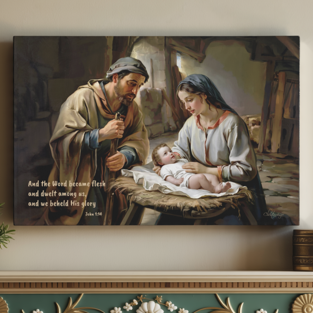 Nativity scene of Baby Jesus, Mary, and Joseph in a stable, with John 1:14 quote - Christian Art Canvas