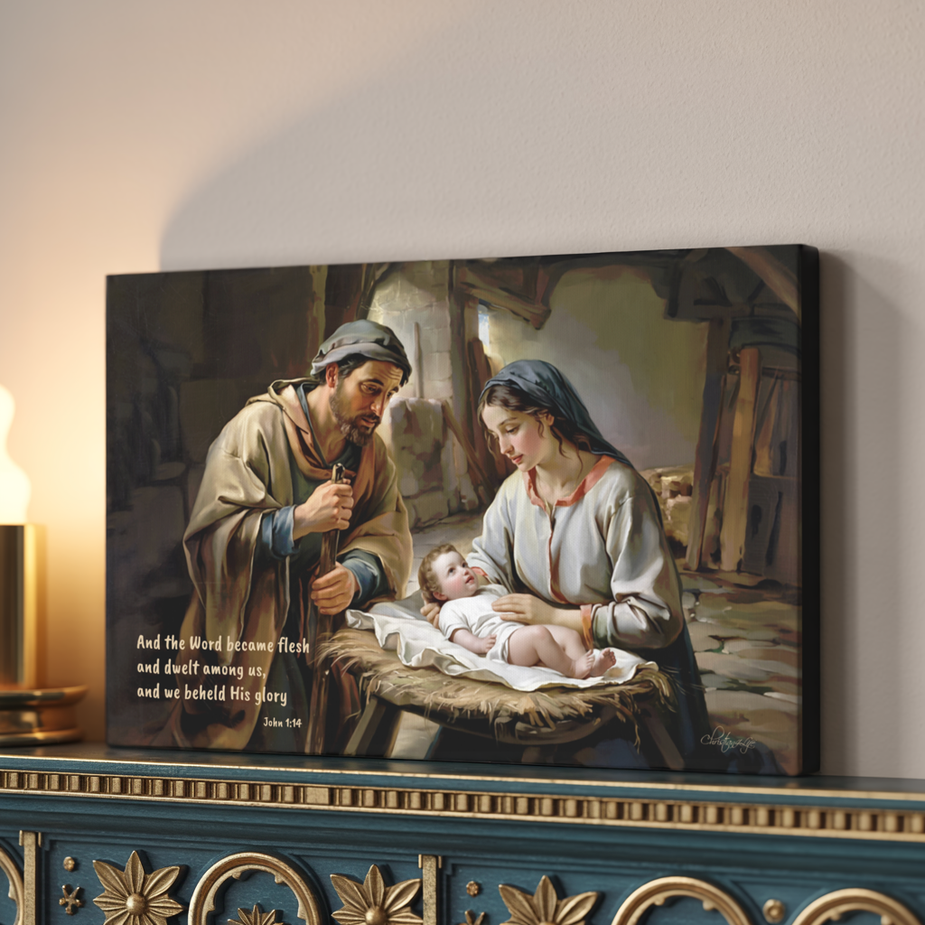 Nativity scene of Baby Jesus, Mary, and Joseph in a stable, with John 1:14 quote - Christian Art Canvas