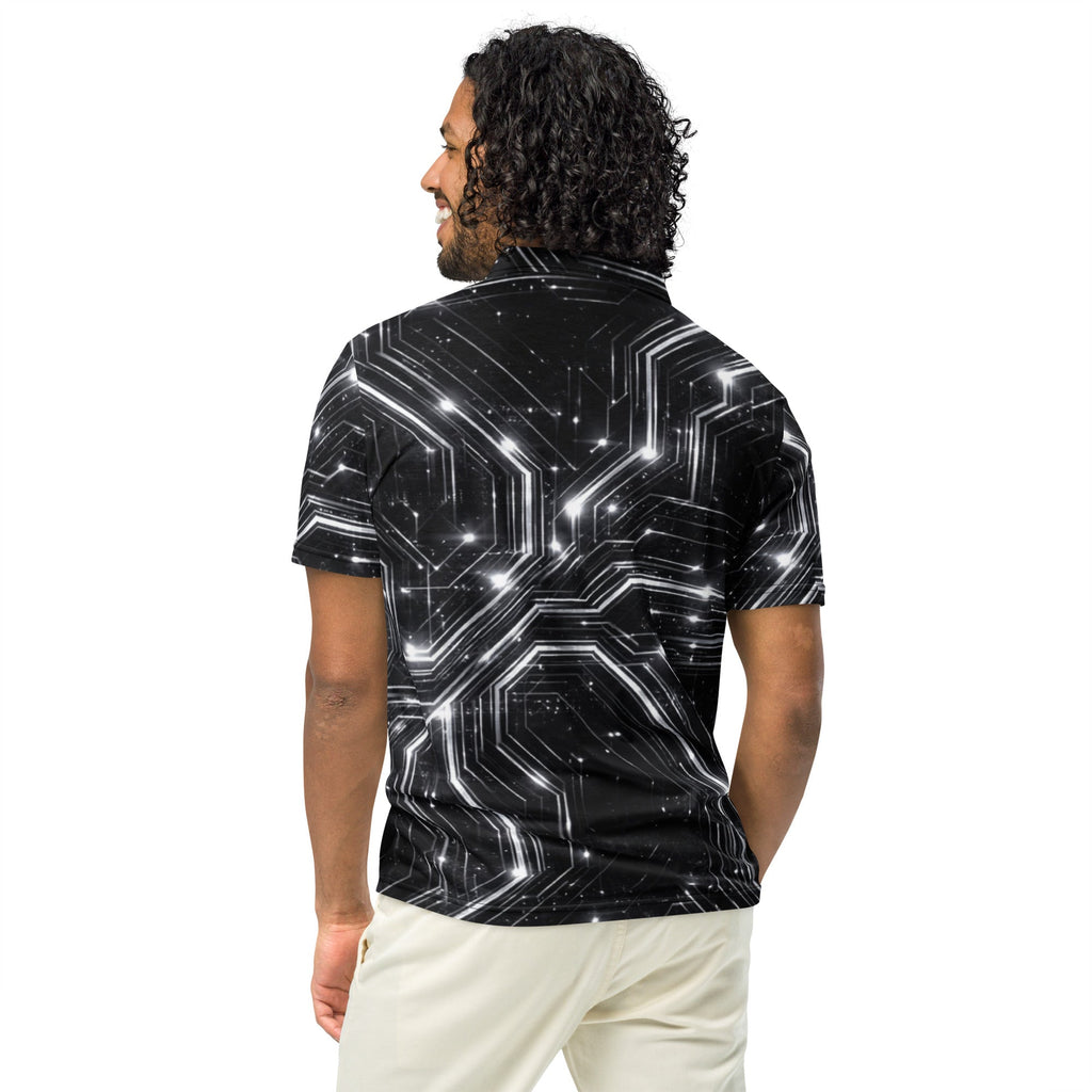 Glitched Circuitry Polo – Limited Drop – Black White Tech All-Over Print Slim Fit