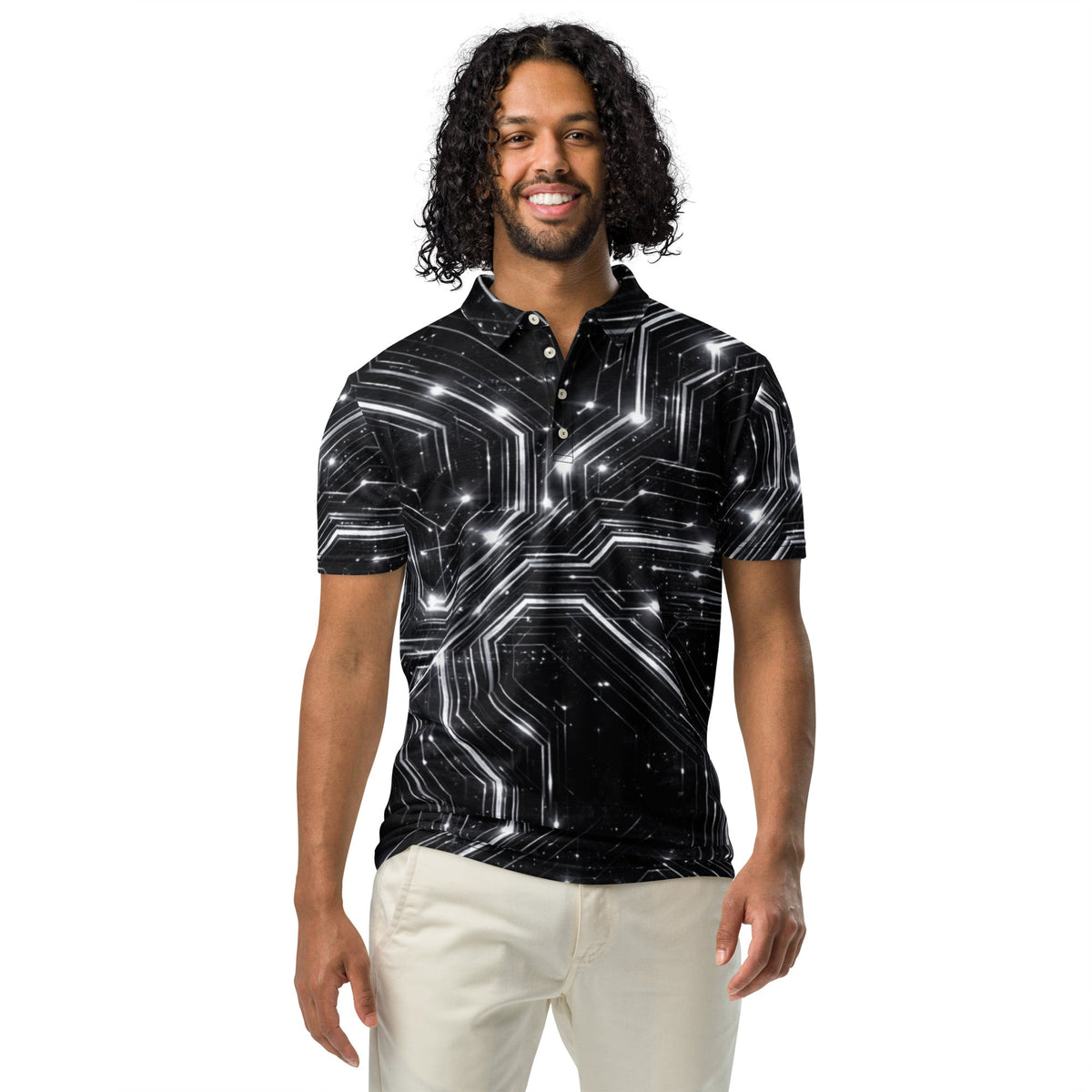 Glitched Circuitry Polo – Limited Drop – Black White Tech All-Over Print Slim Fit