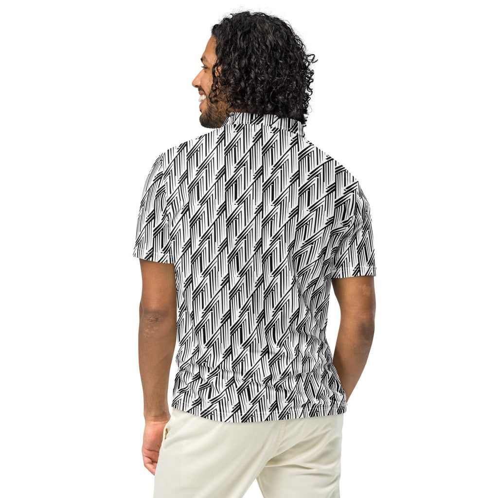 Black & White Glitch Stripe Polo – Limited Drop – Minimalist Geometric All-Over Print