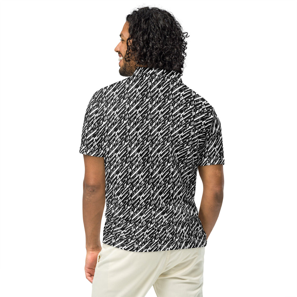 Glitch Stripe Polo – Limited Drop – Futuristic Black White All-Over Print Slim Fit