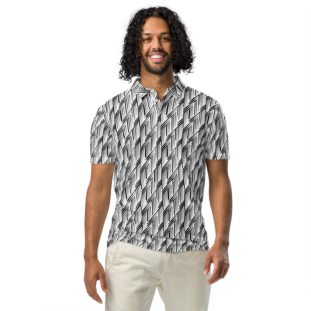 Black & White Glitch Stripe Polo – Limited Drop – Minimalist Geometric All-Over Print
