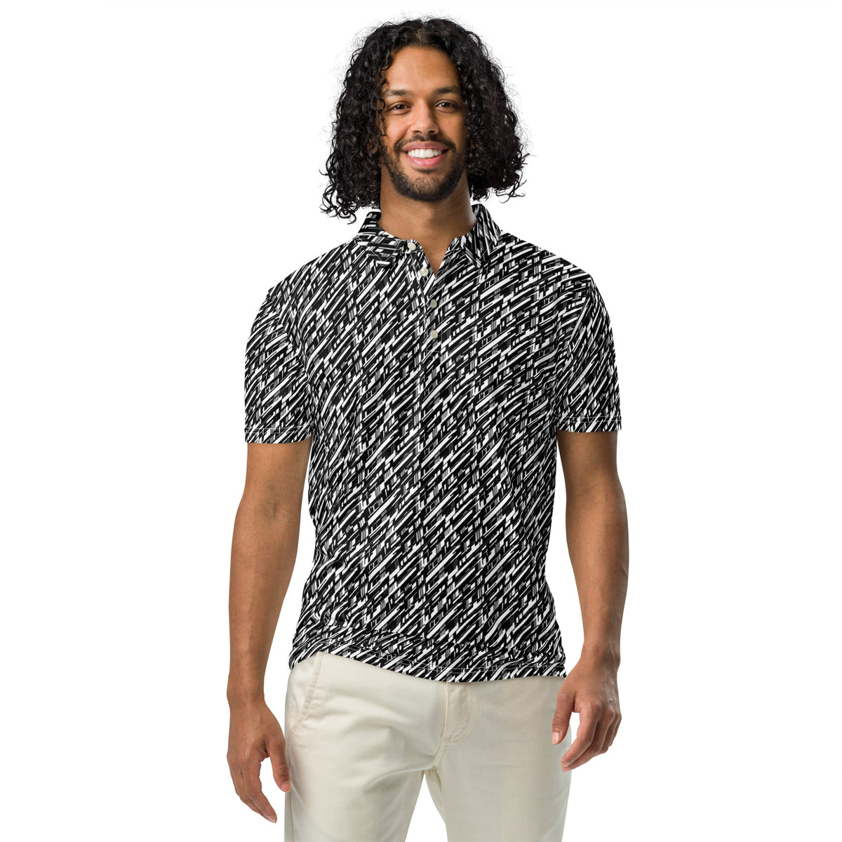 Glitch Stripe Polo – Limited Drop – Futuristic Black White All-Over Print Slim Fit