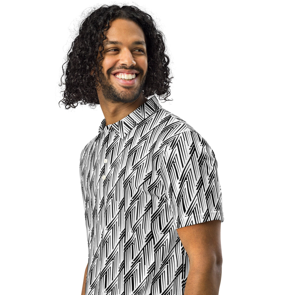 Black & White Glitch Stripe Polo – Limited Drop – Minimalist Geometric All-Over Print