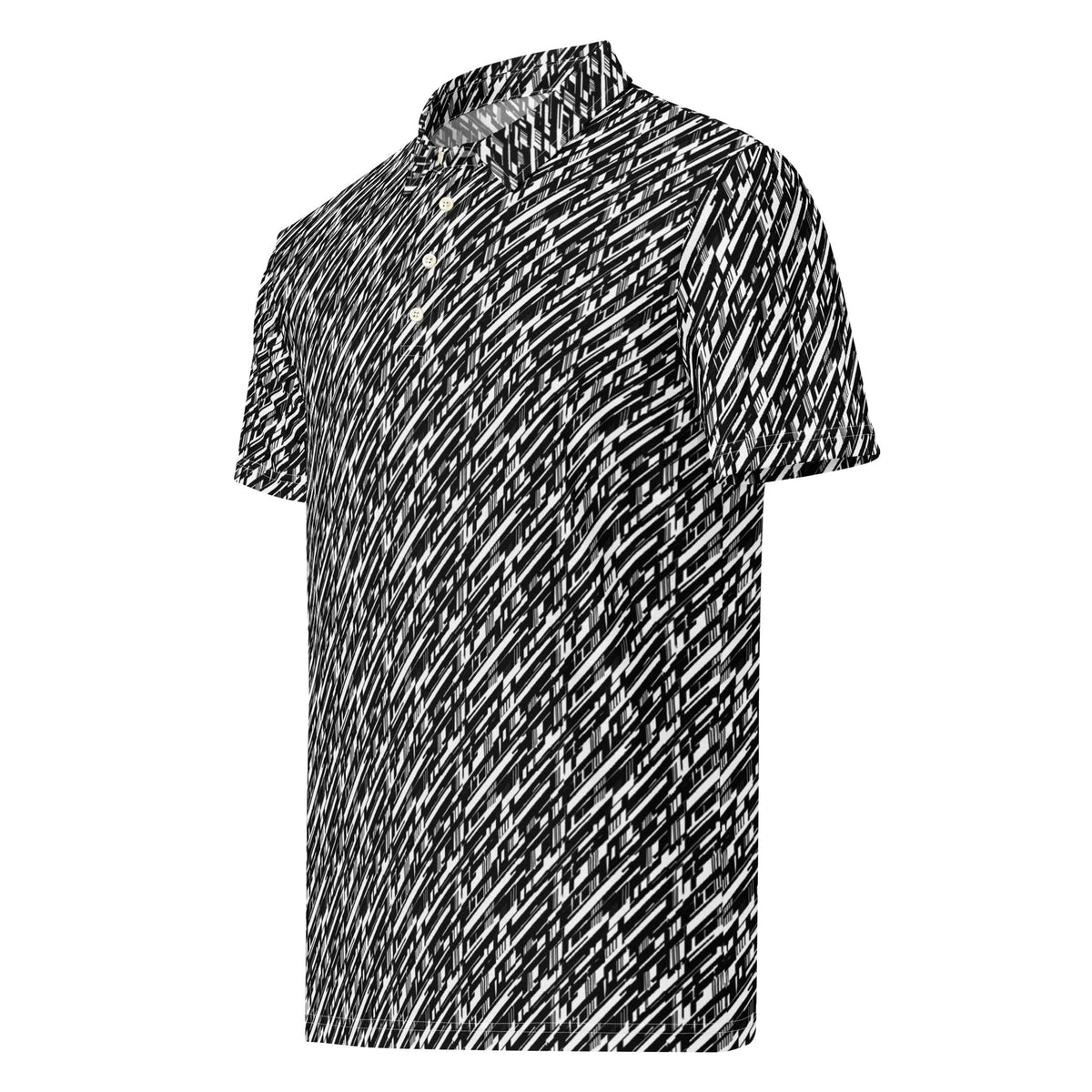 Glitch Stripe Polo – Limited Drop – Futuristic Black White All-Over Print Slim Fit