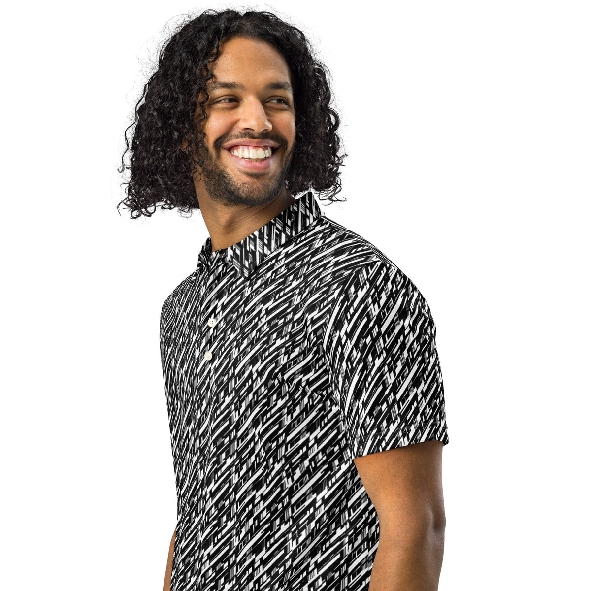 Glitch Stripe Polo – Limited Drop – Futuristic Black White All-Over Print Slim Fit
