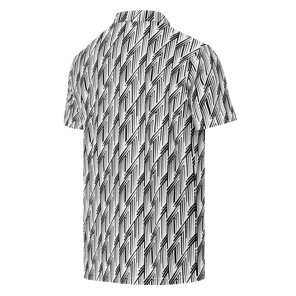 Black & White Glitch Stripe Polo – Limited Drop – Minimalist Geometric All-Over Print