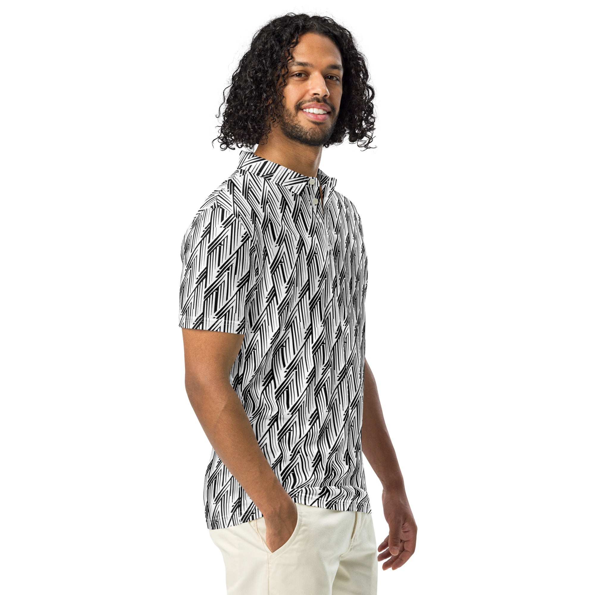Black & White Glitch Stripe Polo – Limited Drop – Minimalist Geometric All-Over Print
