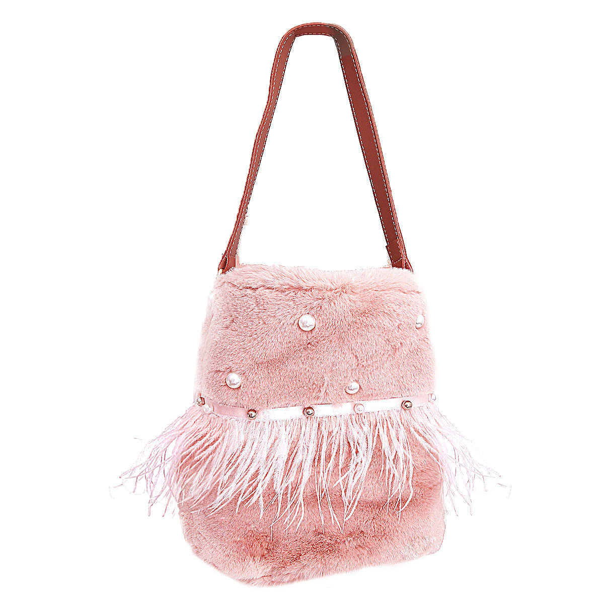 Fashion Handbag Mauve Fur Bucket Bag with Pearl Studs, Stylish Statement Accessory