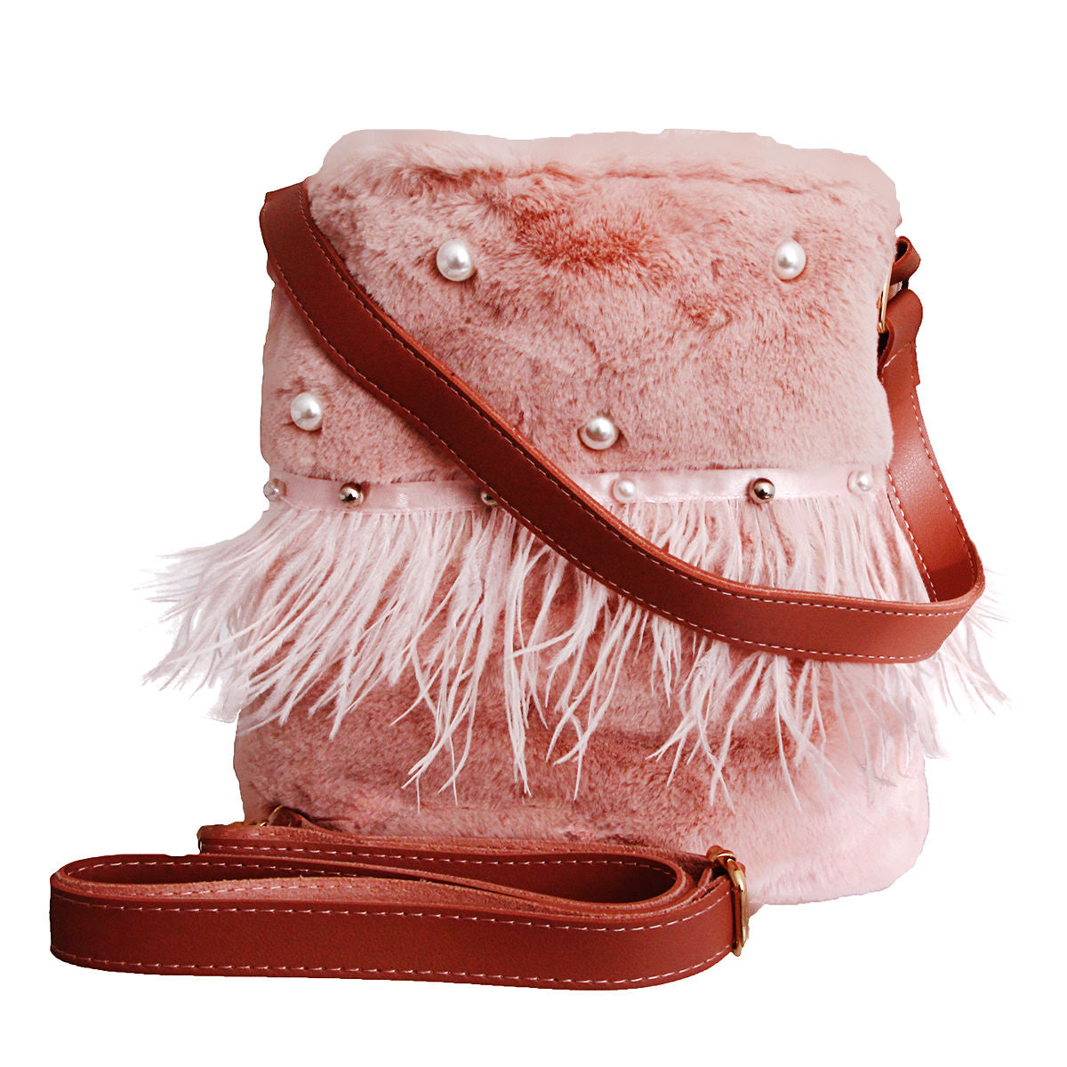 Fashion Handbag Mauve Fur Bucket Bag with Pearl Studs, Stylish Statement Accessory