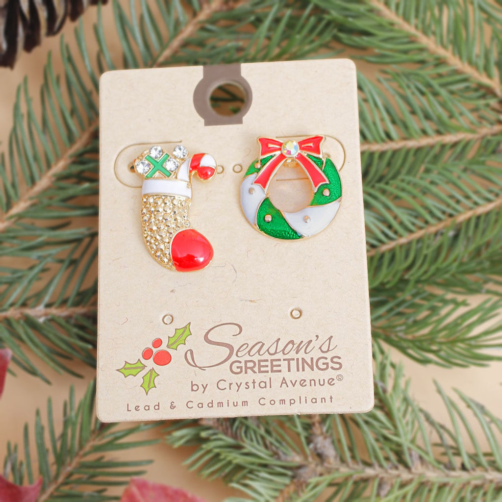 Mismatched Holiday Stud Earrings Set – Stocking and Wreath, Trendy Fashion Jewelry