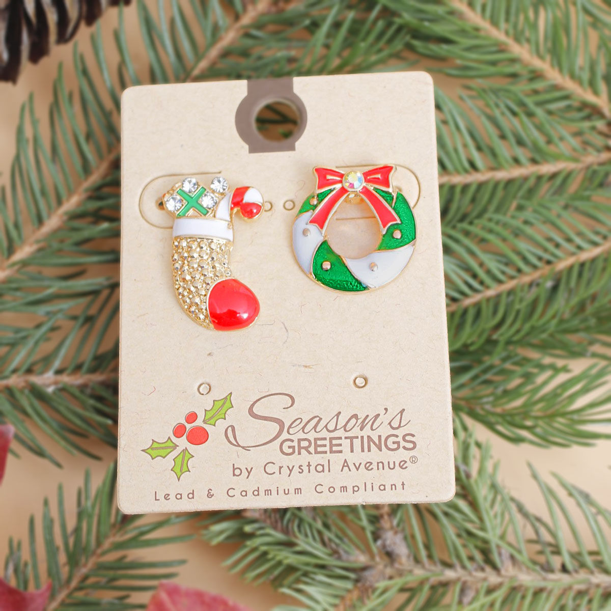 Mismatched Holiday Stud Earrings Set – Stocking and Wreath, Trendy Fashion Jewelry