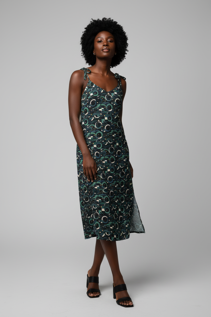 Modern Geometric Midi Dress – Limited Drop – Black Green All-Over Print Chiffon Slip