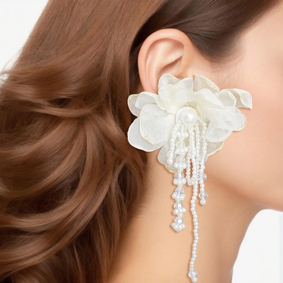 Women’s Drop Cream Fabric Flower Pearl Earrings Stylish Statement Jewelry