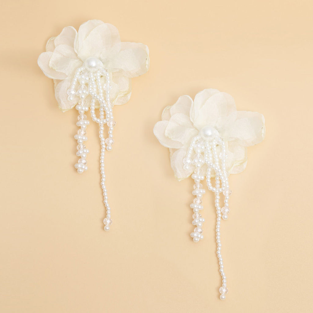 Women’s Drop Cream Fabric Flower Pearl Earrings Stylish Statement Jewelry