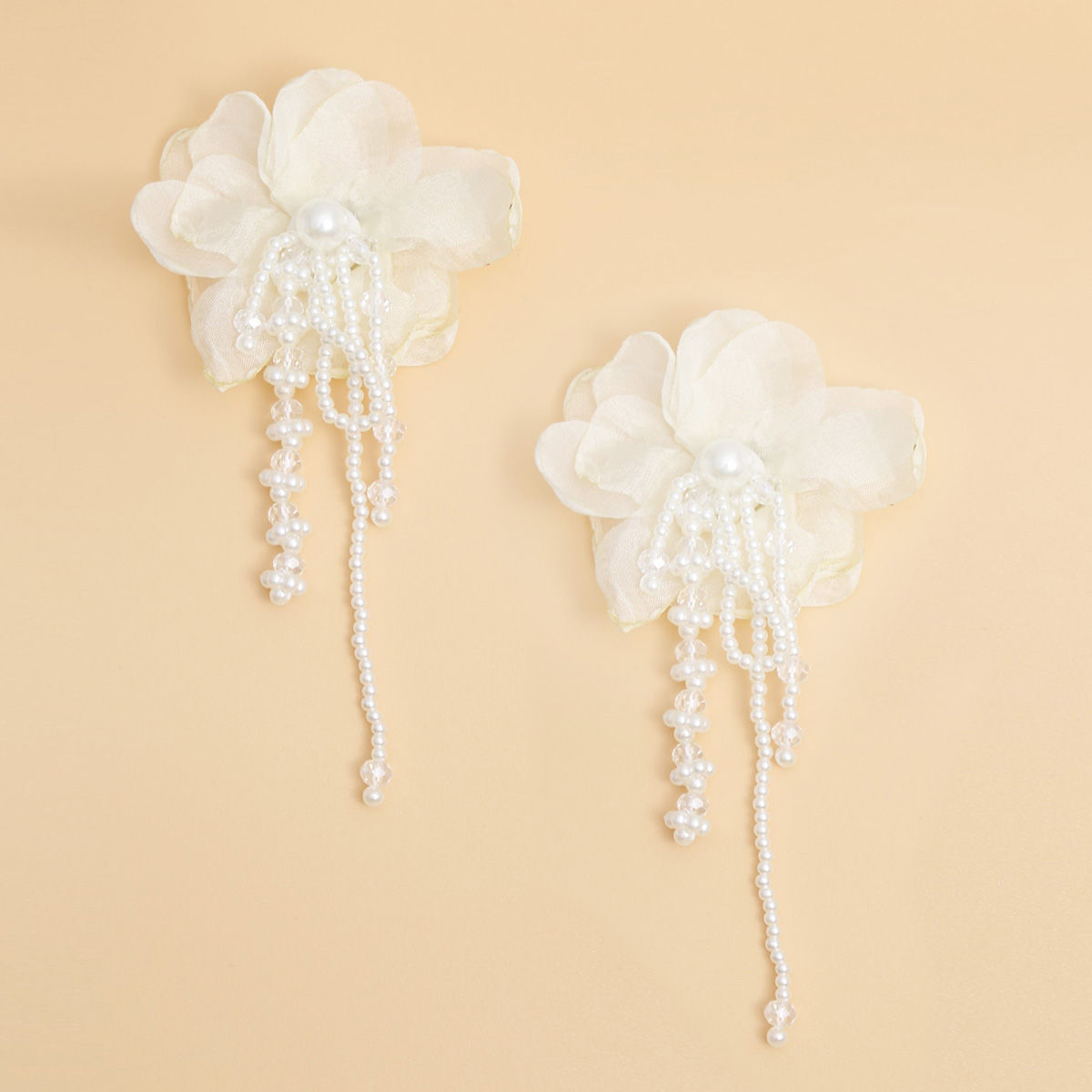 Women’s Drop Cream Fabric Flower Pearl Earrings Stylish Statement Jewelry