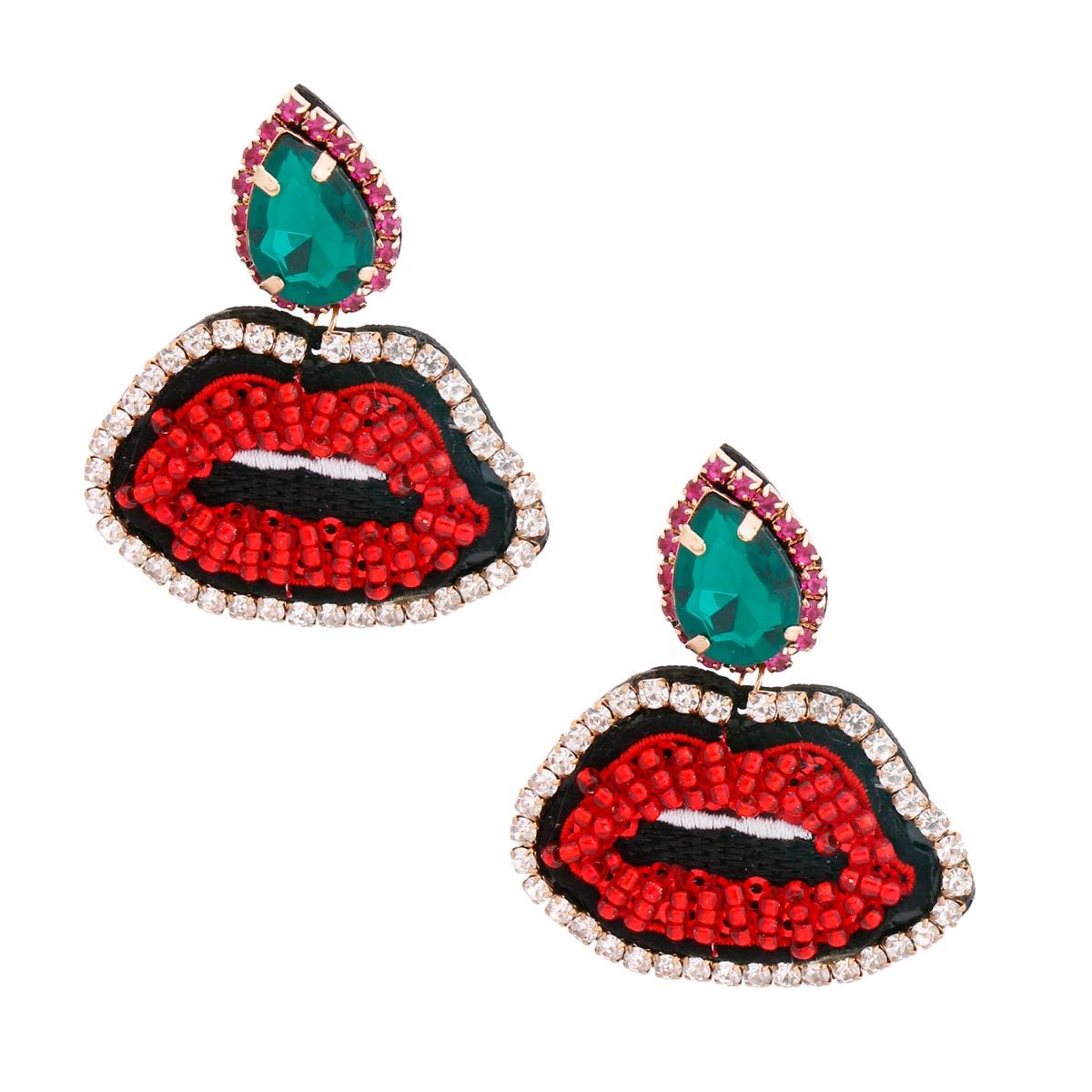 Teardrop Earrings Green Stylish Statement Lips Design