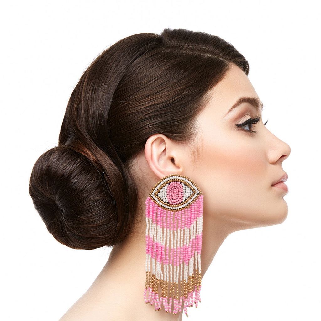 Statement Pink Seed Bead Evil Eye Fringe Earrings Stylish Fashion Jewelry