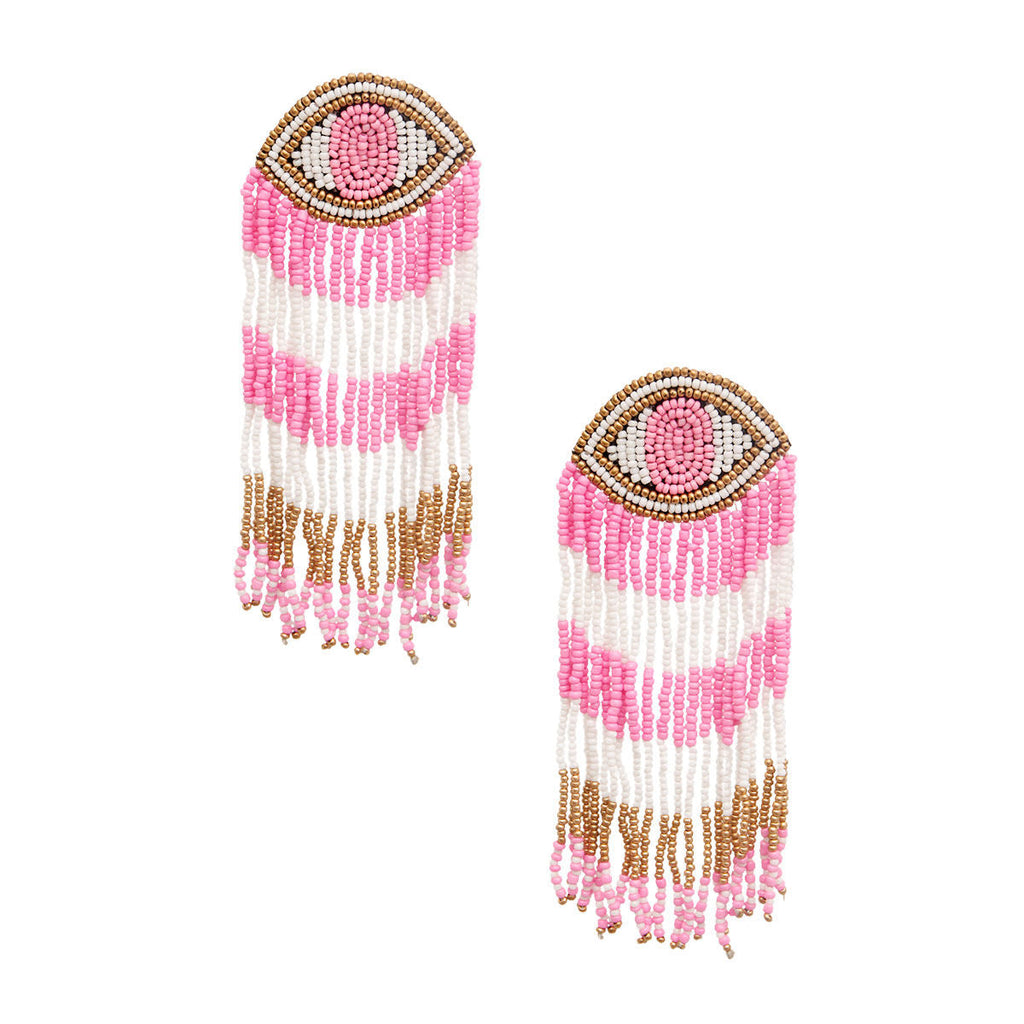 Statement Pink Seed Bead Evil Eye Fringe Earrings Stylish Fashion Jewelry