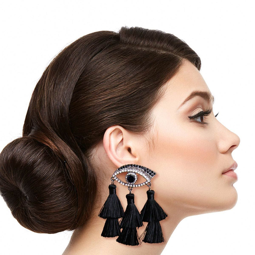 Tassel Earrings Black Evil Eye Stylish Statement Jewelry