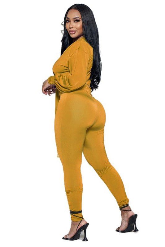 Mustard 2 Piece Set – Wrap Tie Top & High Waist Pants Set