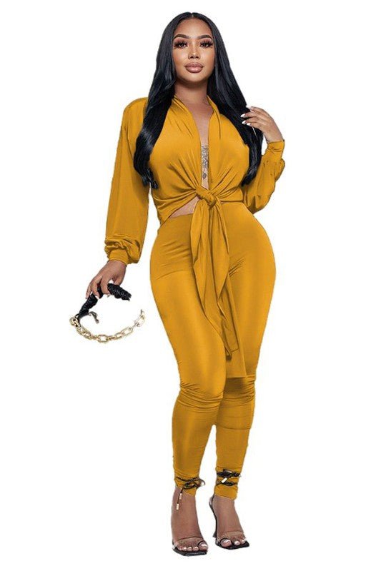 Mustard 2 Piece Set – Wrap Tie Top & High Waist Pants Set