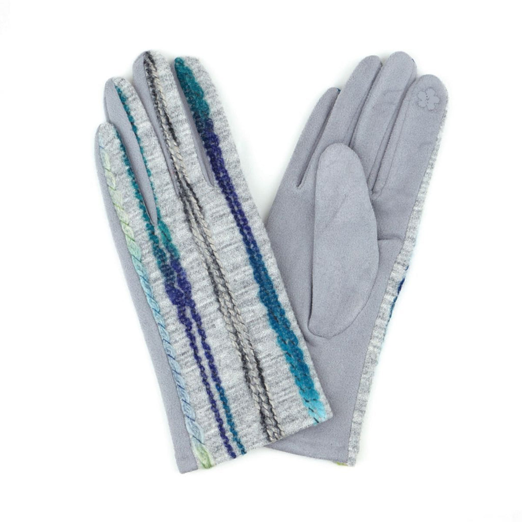 Touchscreen Gray Embroidered Stripe Gloves – Stylish Casual Accessories