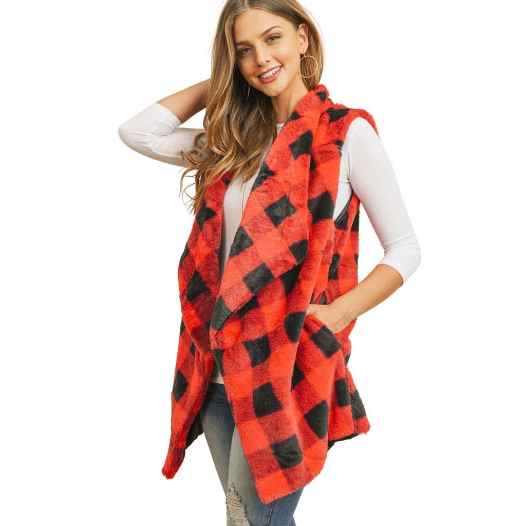 Faux Fur Vest Red Buffalo Plaid Stylish Casual Layered Outerwear