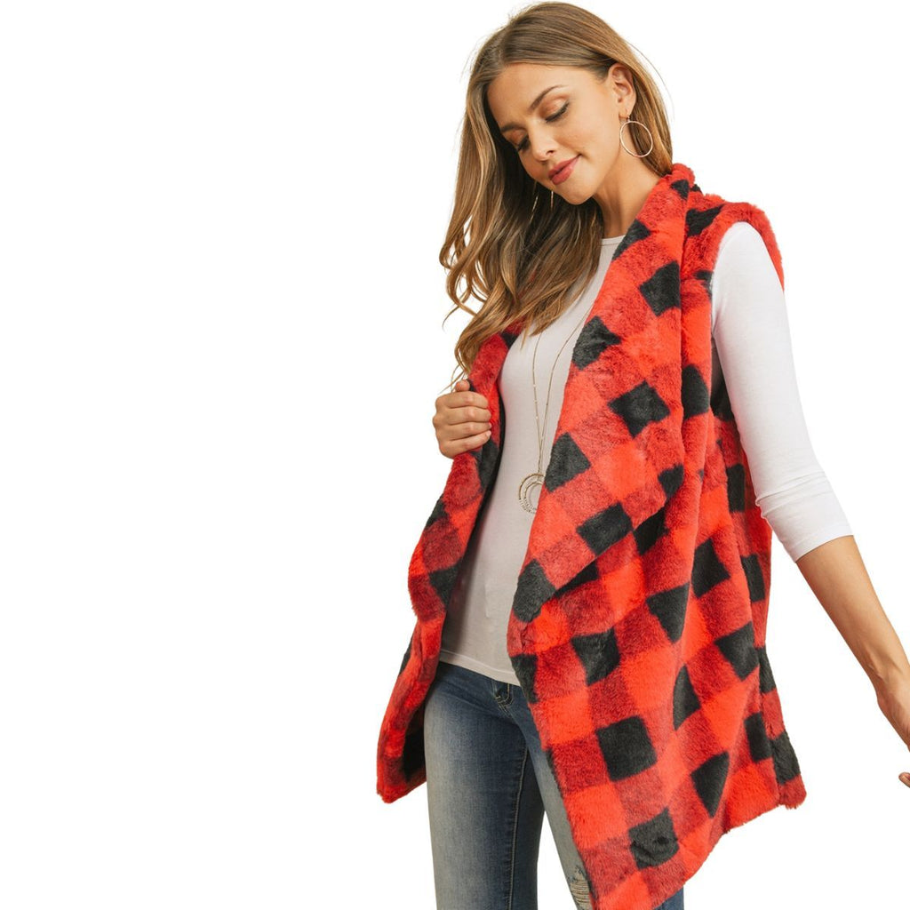Faux Fur Vest Red Buffalo Plaid Stylish Casual Layered Outerwear